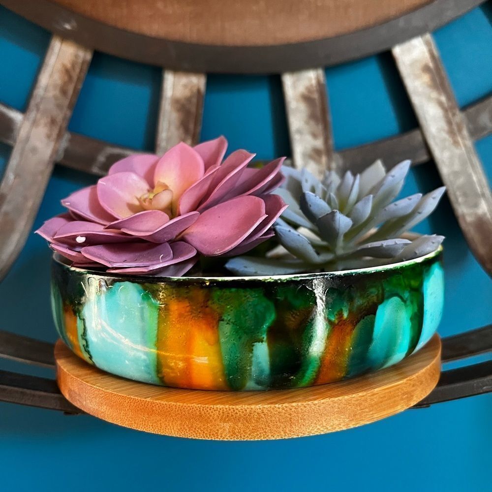 Hand-Painted Ceramic Succulent Planter with Bamboo Tray
